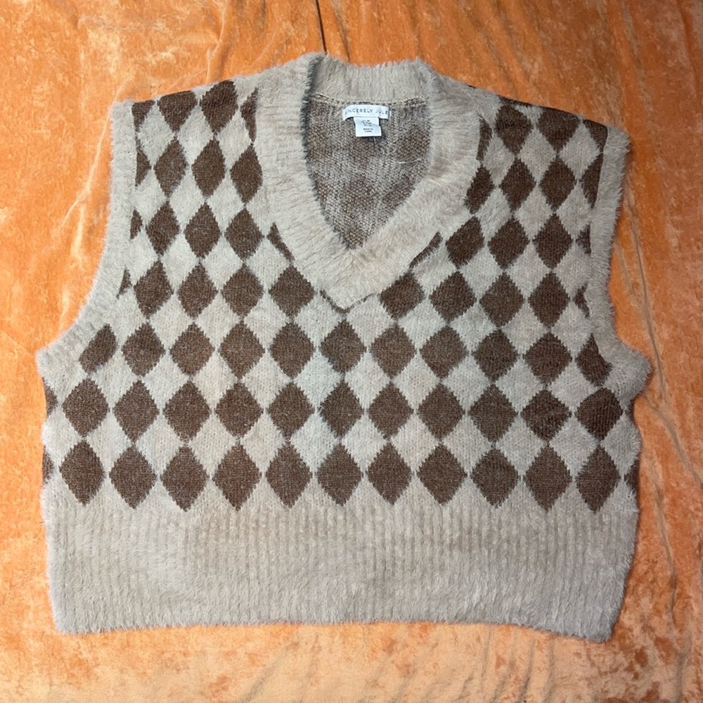 brown checkered fuzzy vest